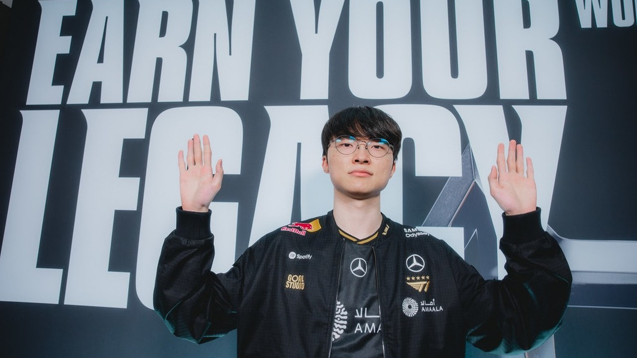 Faker stands on a League of Legends tournament stage