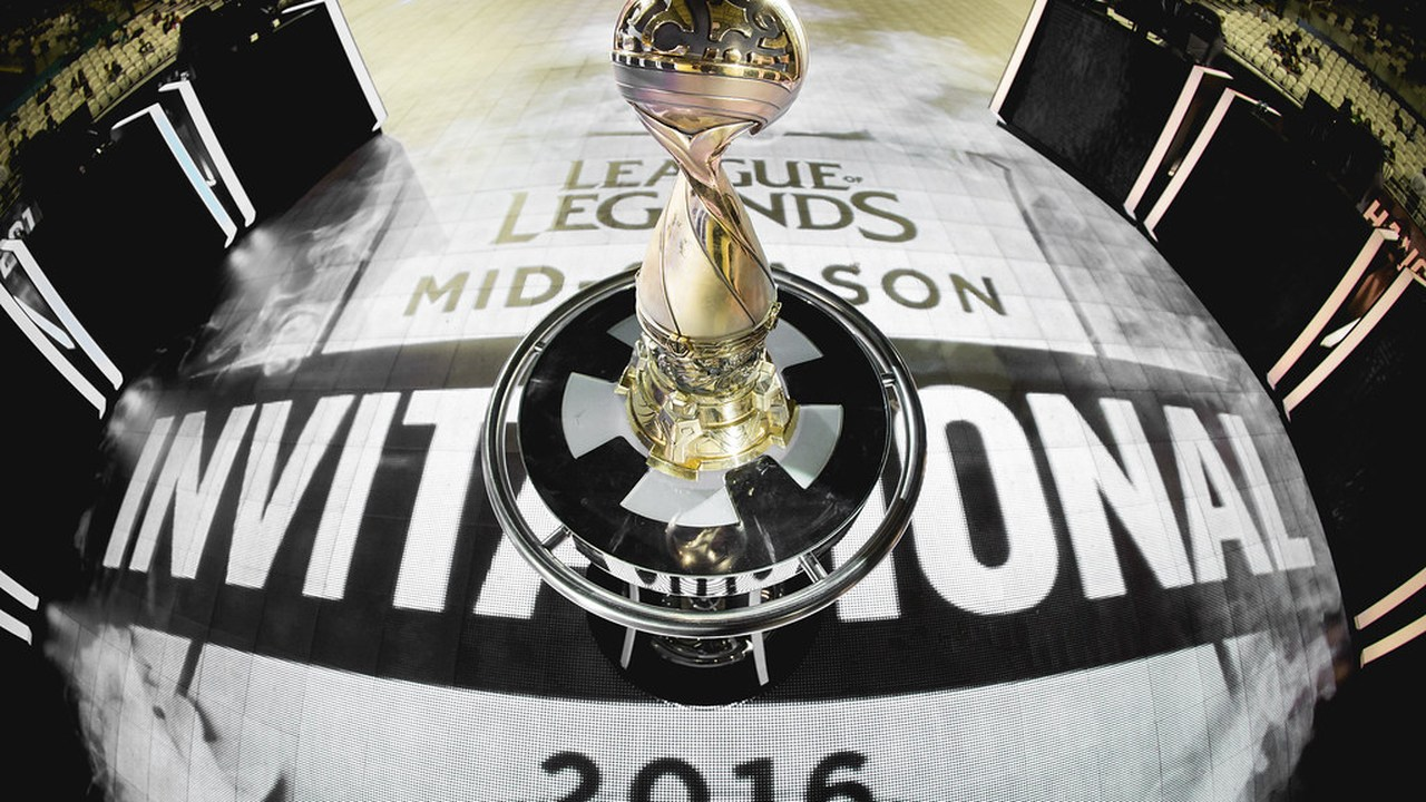 A League of Legends trophy stands at the 2016 Mid-Season Invitational