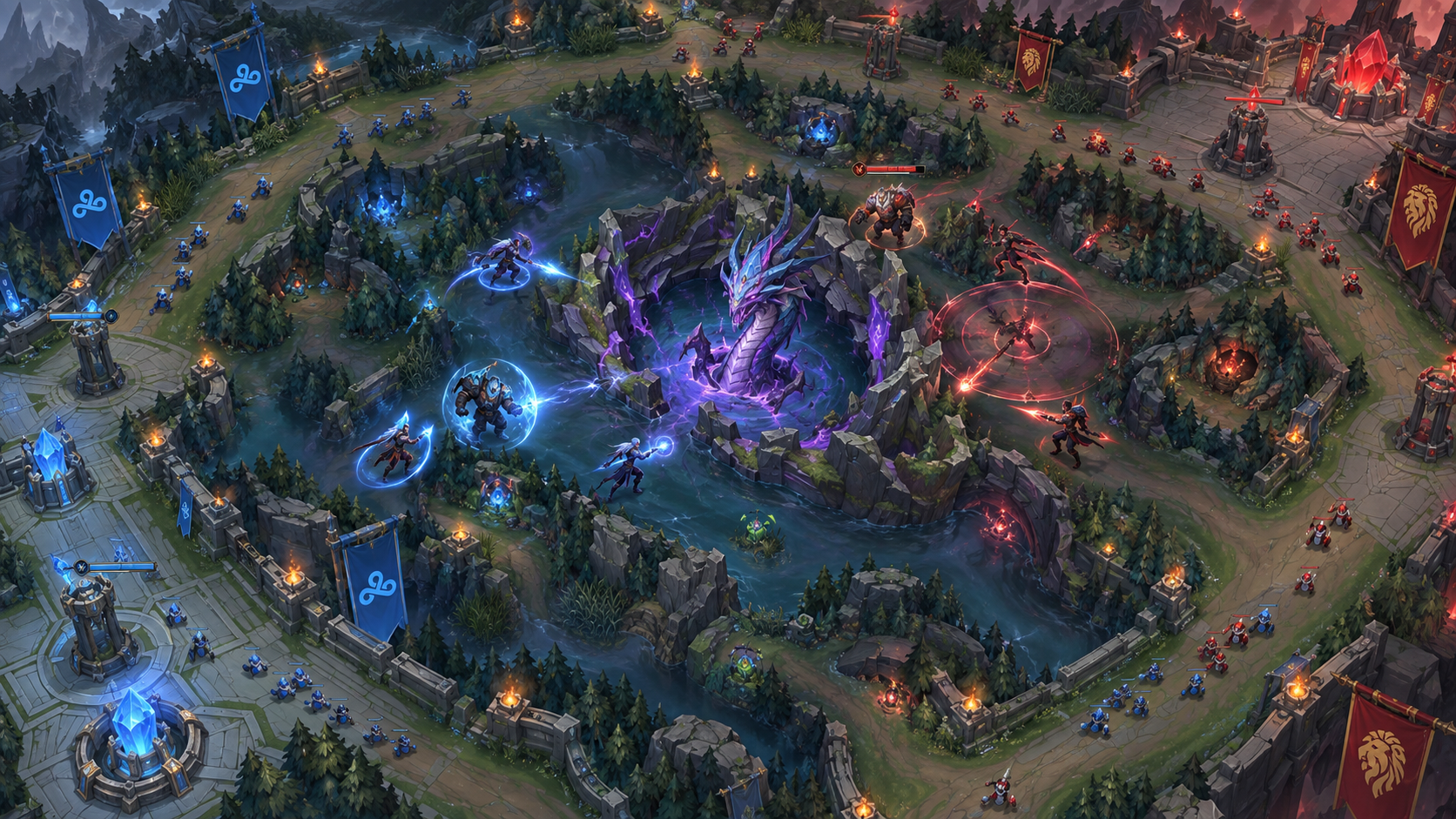 Conceptual illustration of blue and red teams contesting a neutral objective
