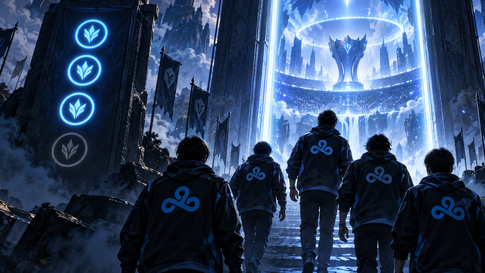 Conceptual illustration of Cloud9 approaching an international esports arena