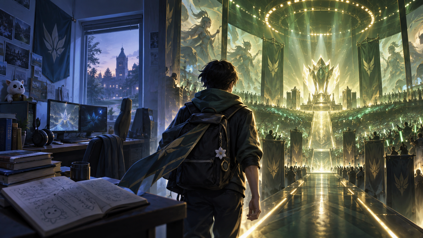 Conceptual illustration of a support player rising from collegiate play to a major esports stage