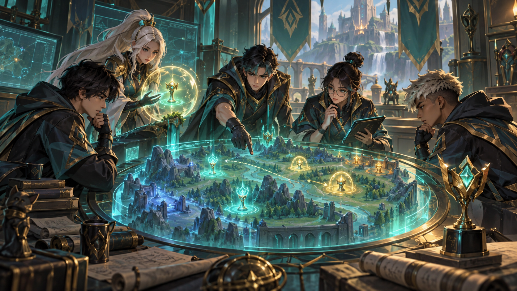 Conceptual illustration of team communication and vision leading to a rookie trophy