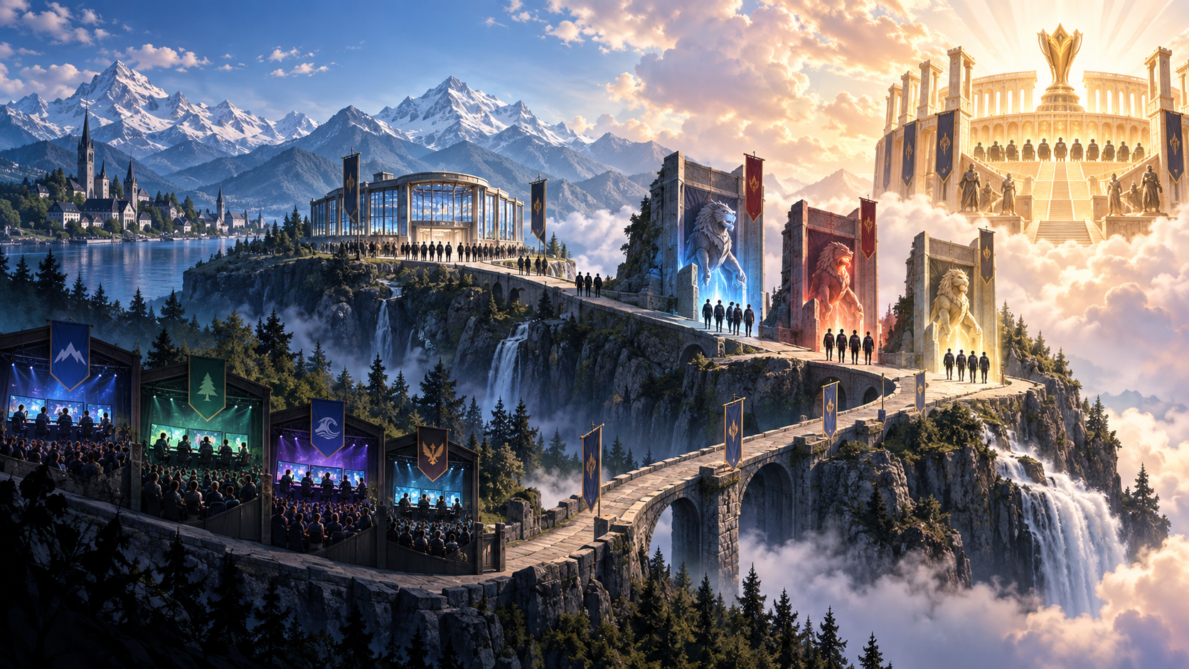 Editorial illustration of regional League teams climbing toward the EMEA Masters playoffs