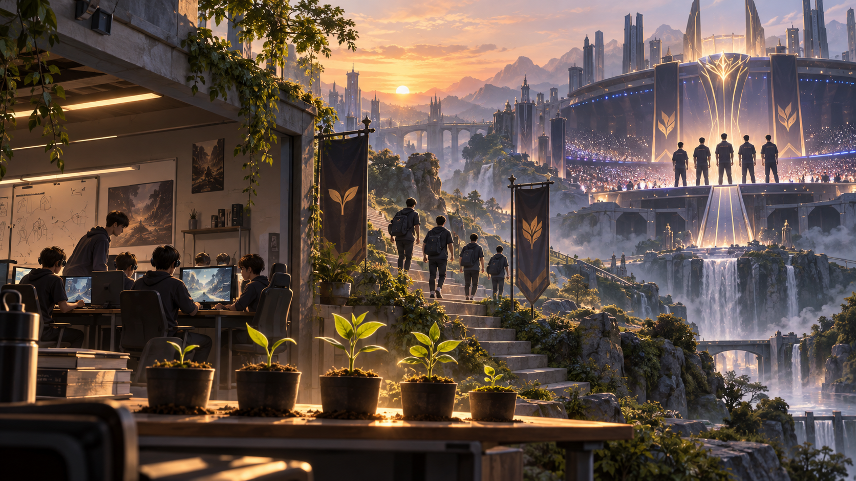 Conceptual illustration of an academy pathway growing toward a professional stage