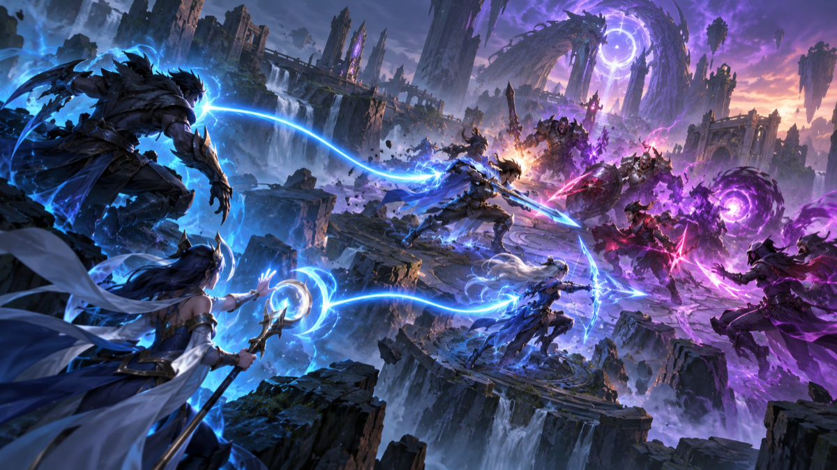 Ilustración conceptual del juego coordinado de jungla y support conectando a dos carries de esports
