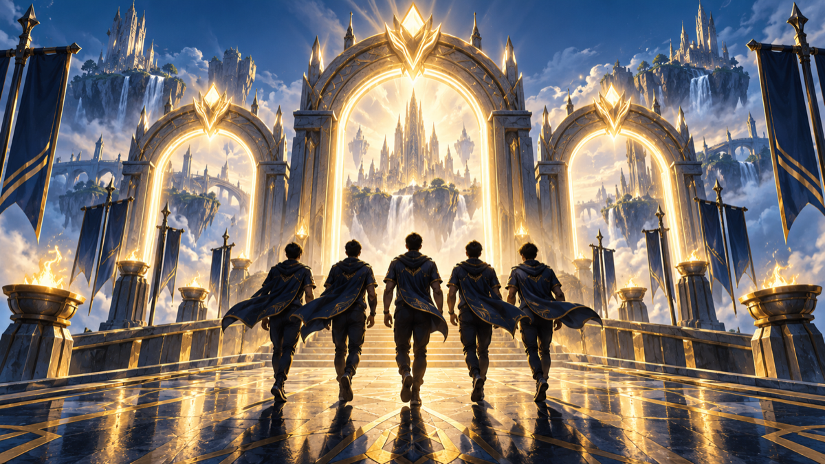 Konzeptionelle Illustration von drei aufeinanderfolgenden Esports-Siegen in einer Fantasy-Arena