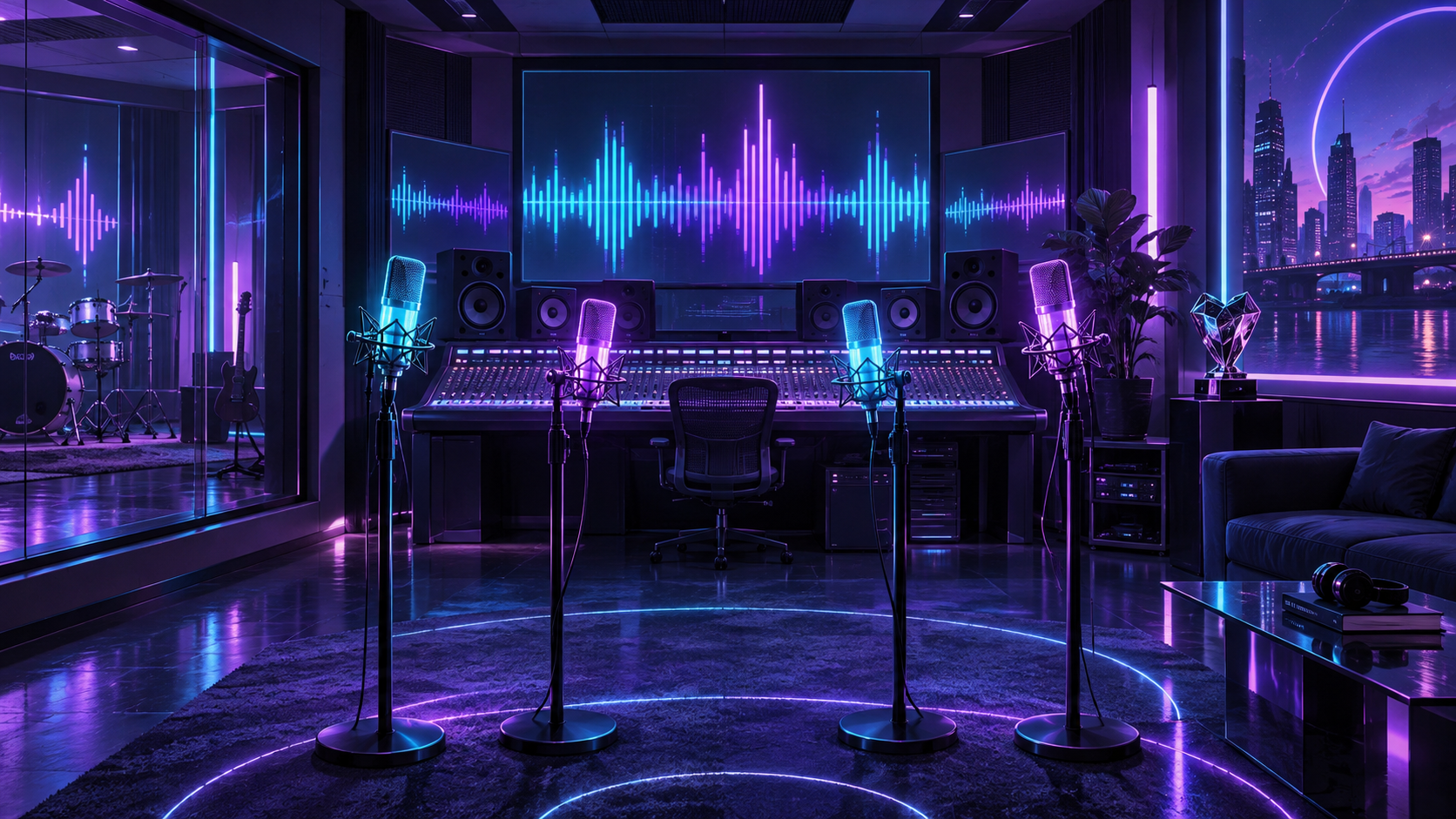 Conceptual illustration of an empty recording studio with four microphones
