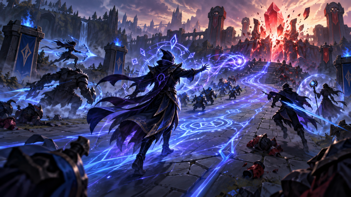 Conceptual illustration of a Ryze-inspired mid-lane performance driving a fast League victory