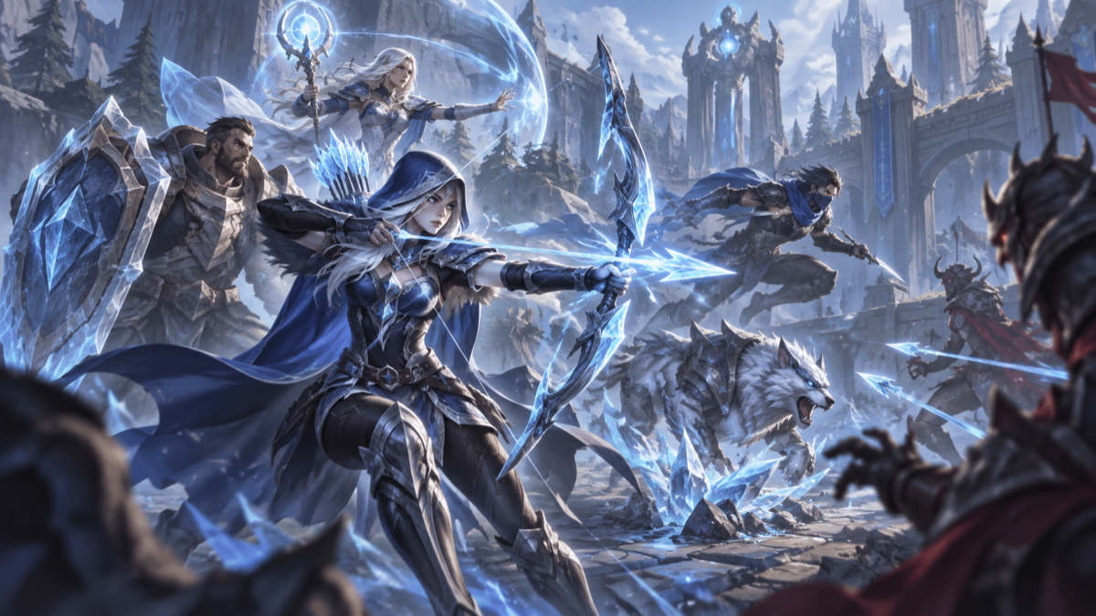 Conceptual illustration of an Ashe-inspired bot-lane carry performance in a fantasy arena