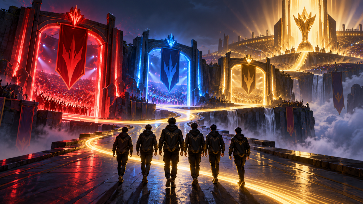 Ilustración conceptual de tres victorias consecutivas en esports a lo largo de un grupo de torneo