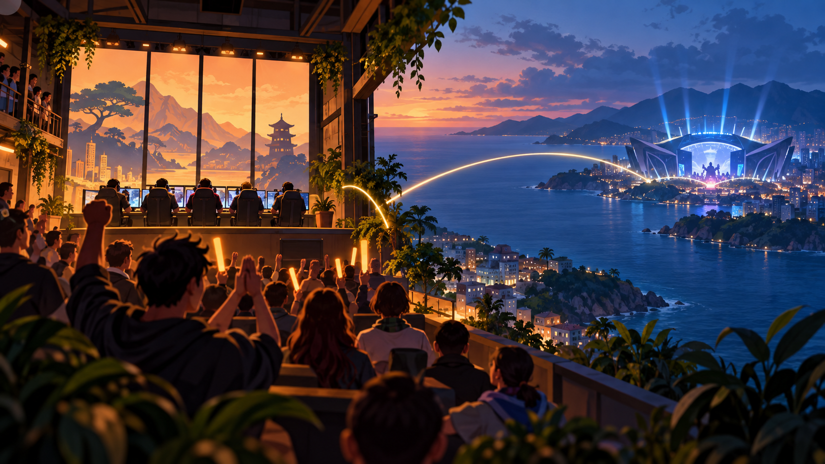 Conceptual illustration of home competition connecting to a Pacific regional stage