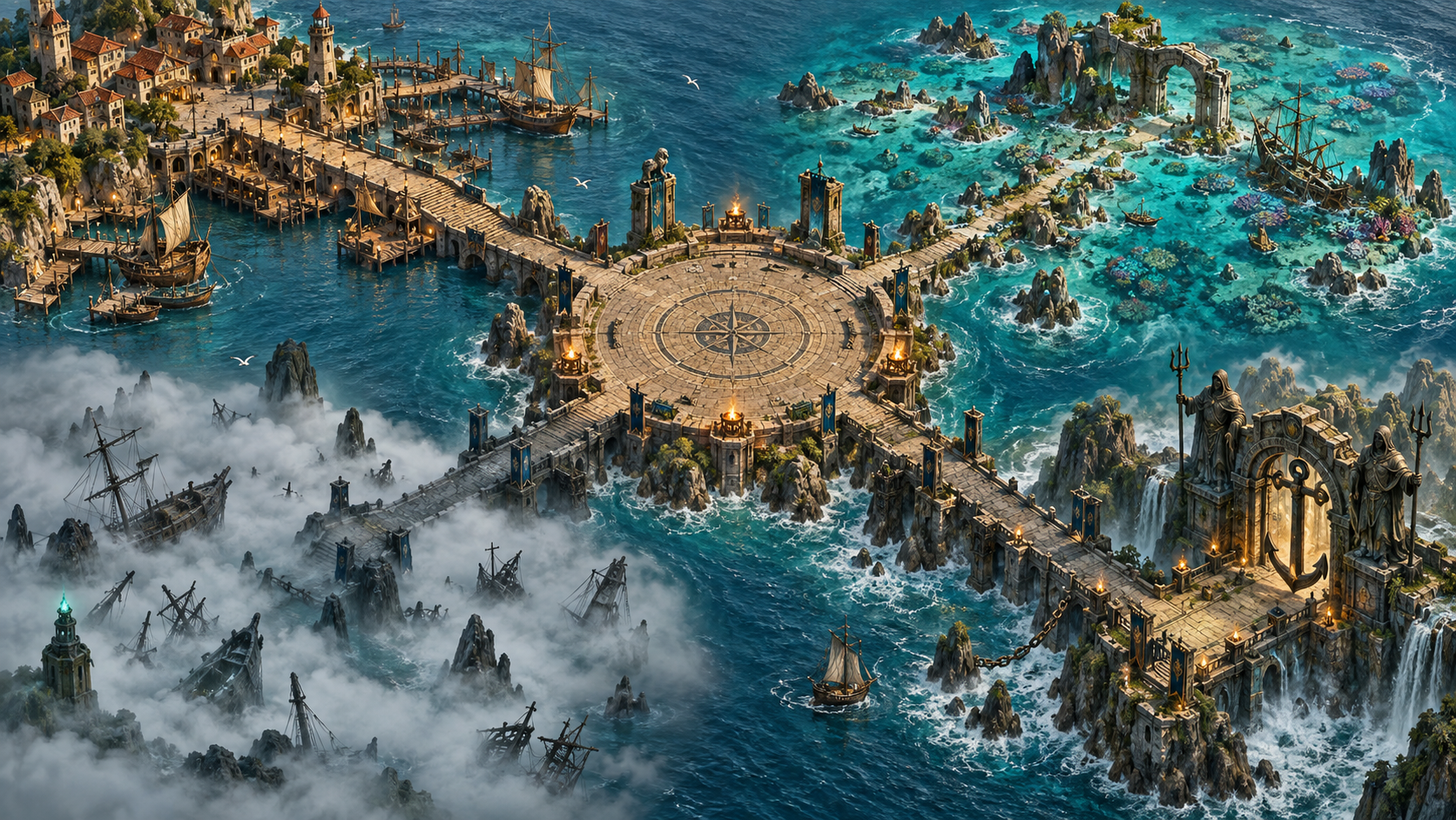 Conceptual illustration of four Bilgewater paths joining a classic arena