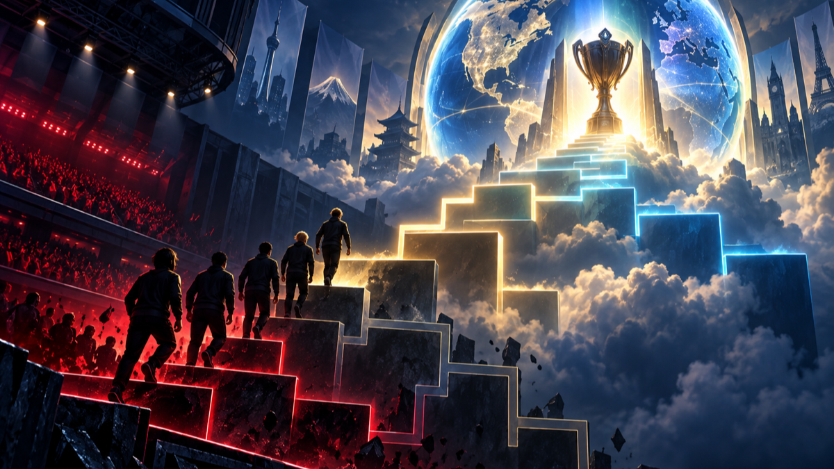 Conceptual illustration of LYON advancing from the LCS lower bracket to Worlds