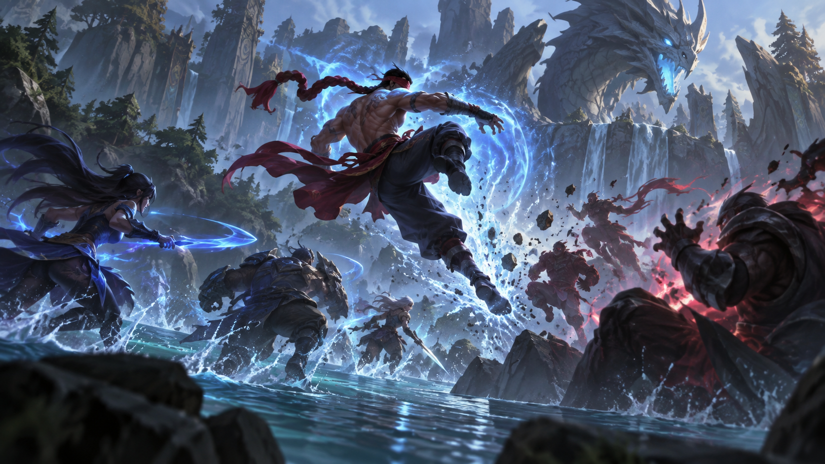 Conceptual illustration of a Lee Sin-style engage in an LEC teamfight