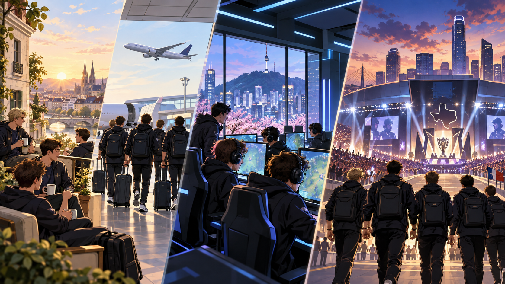 Editorial illustration of a League team traveling from Europe through Korea to Worlds