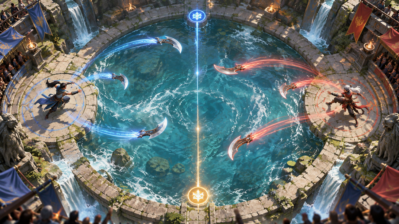 Conceptual illustration of a one-versus-one skill-shot duel in a stone pit
