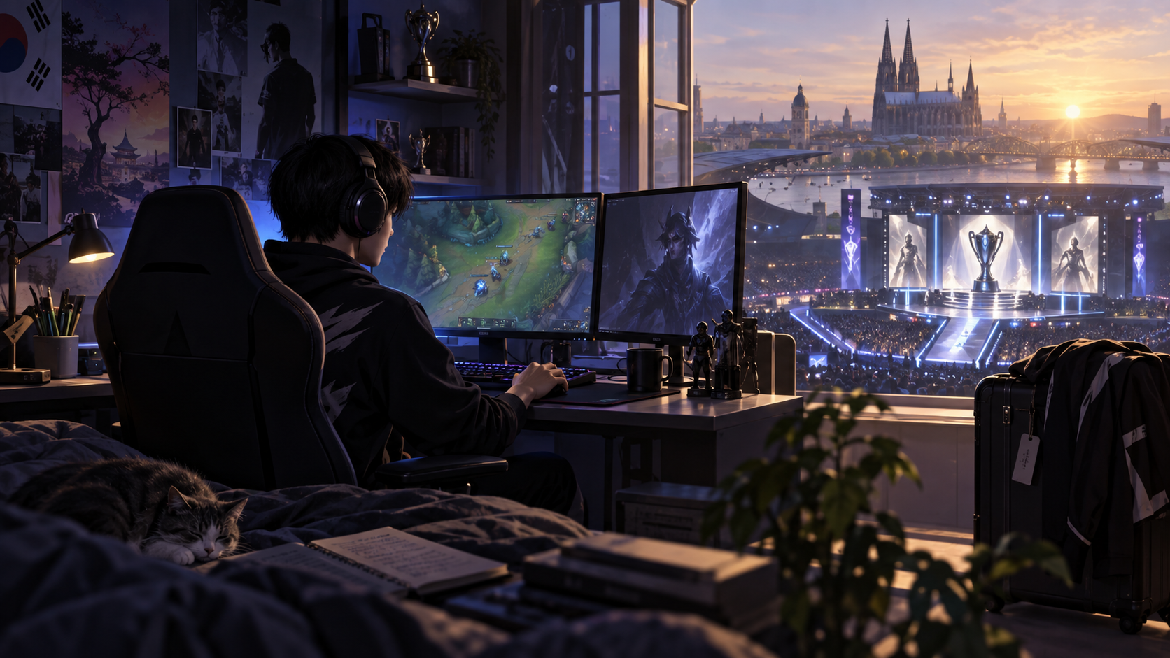Conceptual illustration of a Korean player returning to European competition through solo queue
