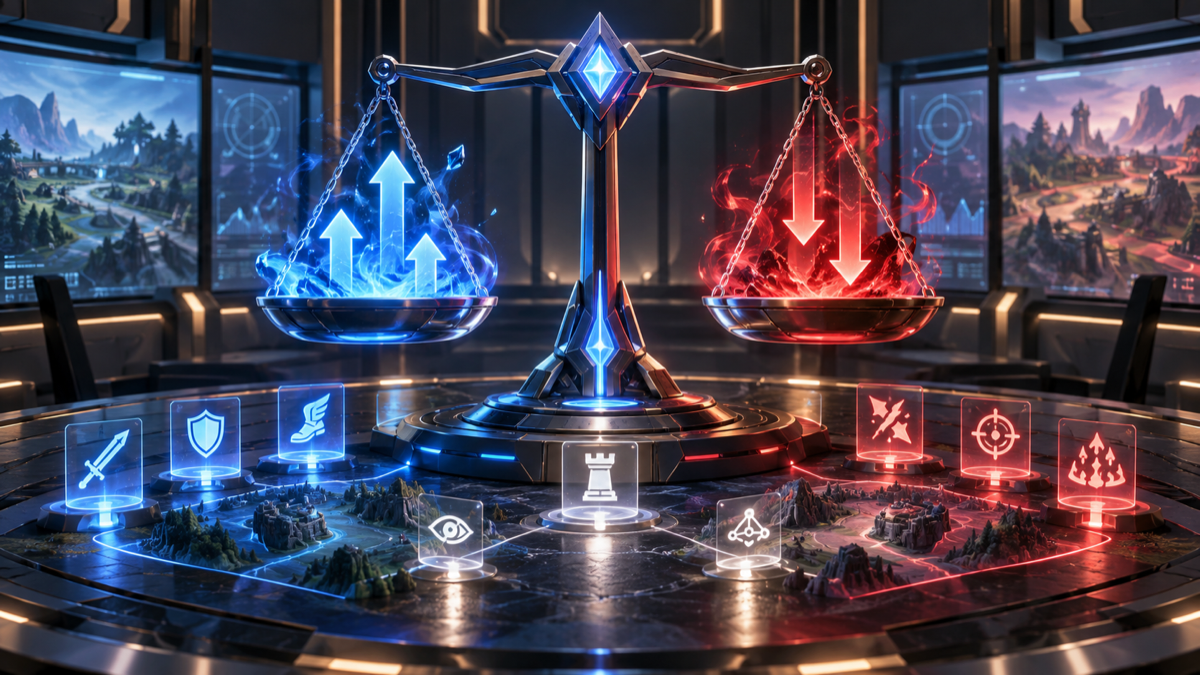 Konzeptionelle Illustration von Champion-Buffs und Nerfs, die auf einer futuristischen Waage balanciert werden