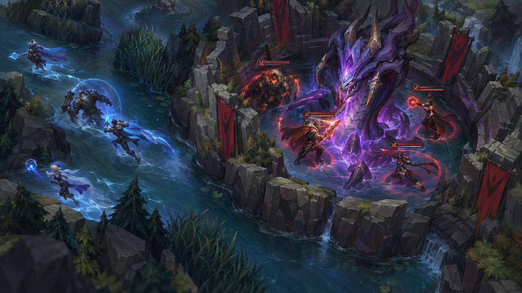 Conceptual illustration of a red team contesting a river objective against blue opponents
