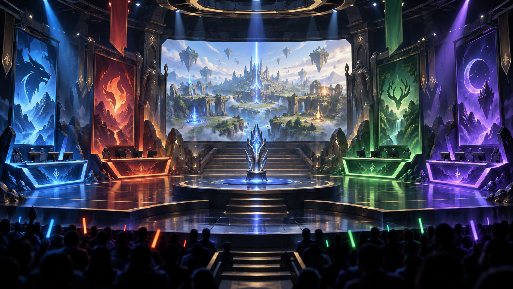 Conceptual illustration of a four-team offseason esports stage