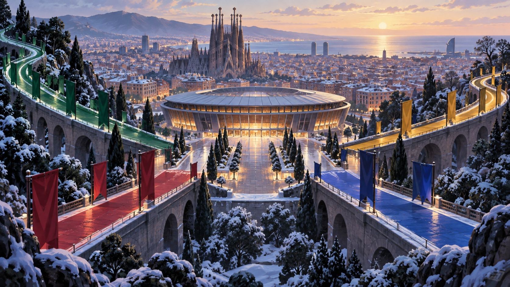 Conceptual illustration of four team paths converging on a Barcelona arena