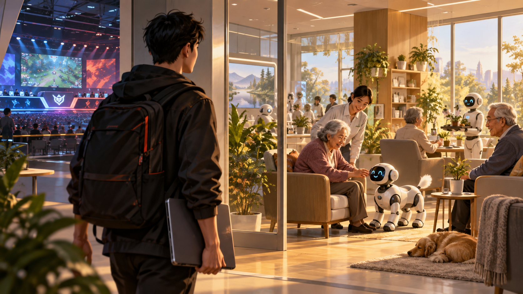 Conceptual illustration of a career path moving from esports coaching toward senior care technology