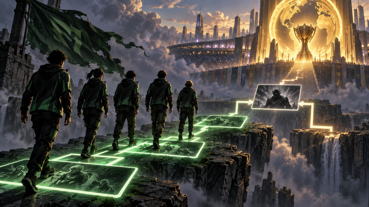 Conceptual illustration of Shopify Rebellion advancing toward one final Worlds qualifier