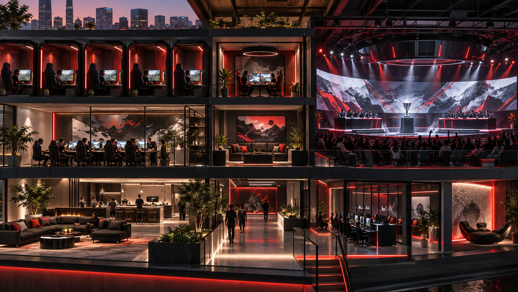 Conceptual illustration of a 24-hour gaming venue with solo, duo and team practice spaces