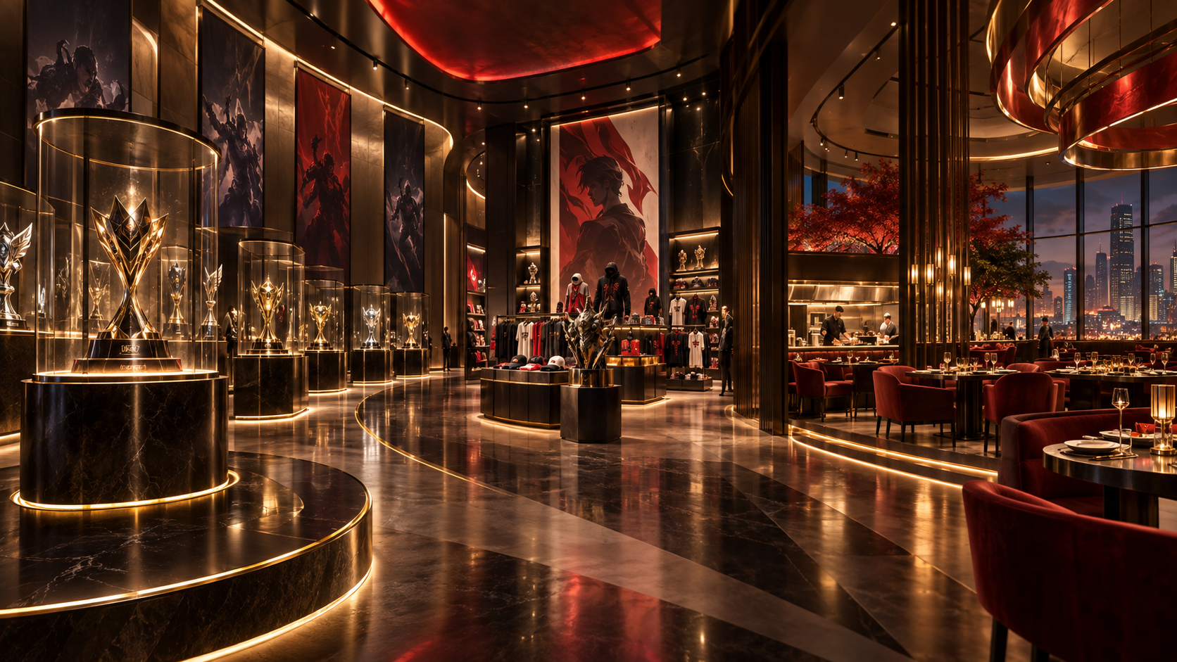 Conceptual illustration of an esports trophy gallery connected to retail and dining spaces