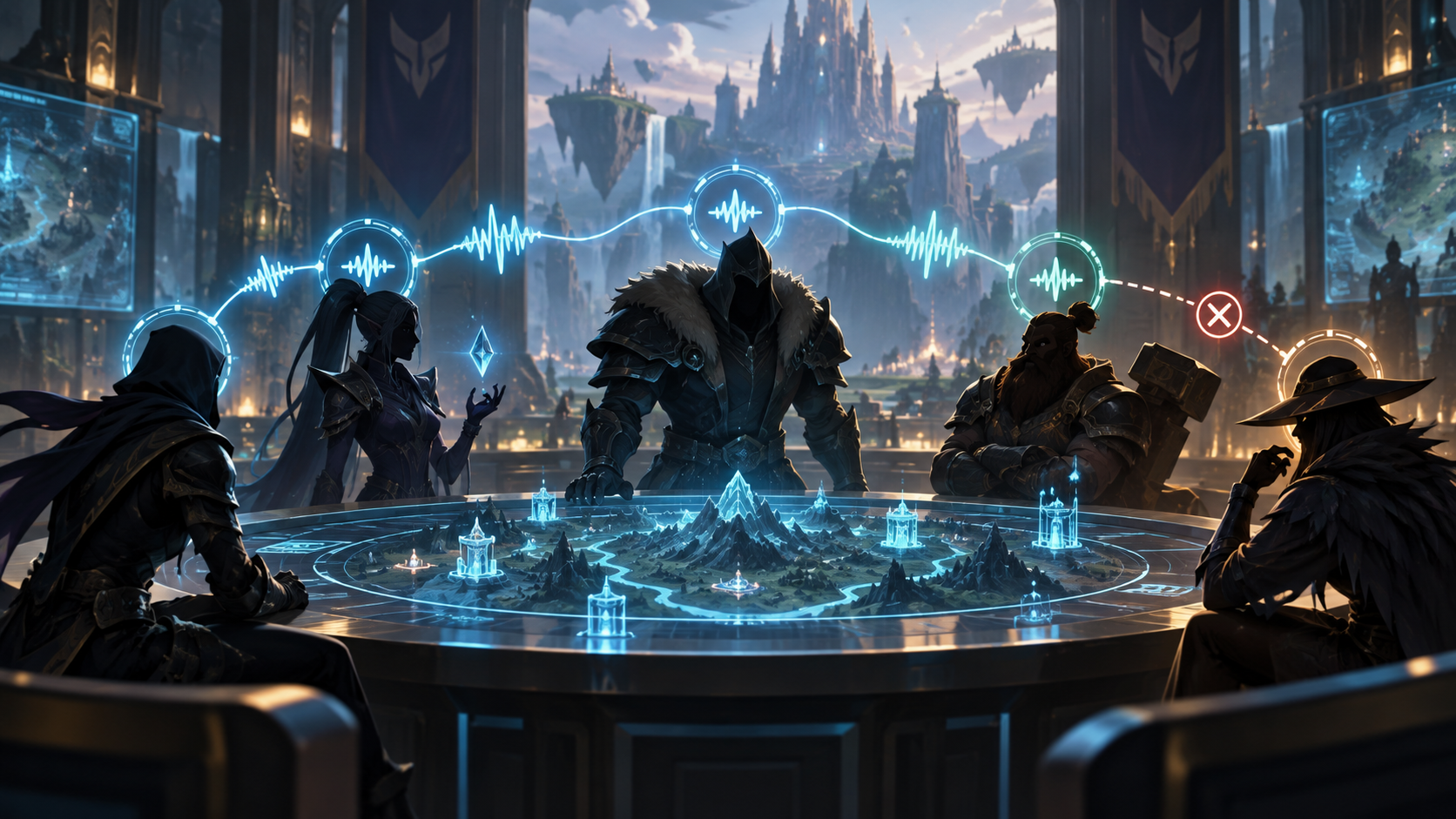 Conceptual illustration of five teammates testing a shared voice channel
