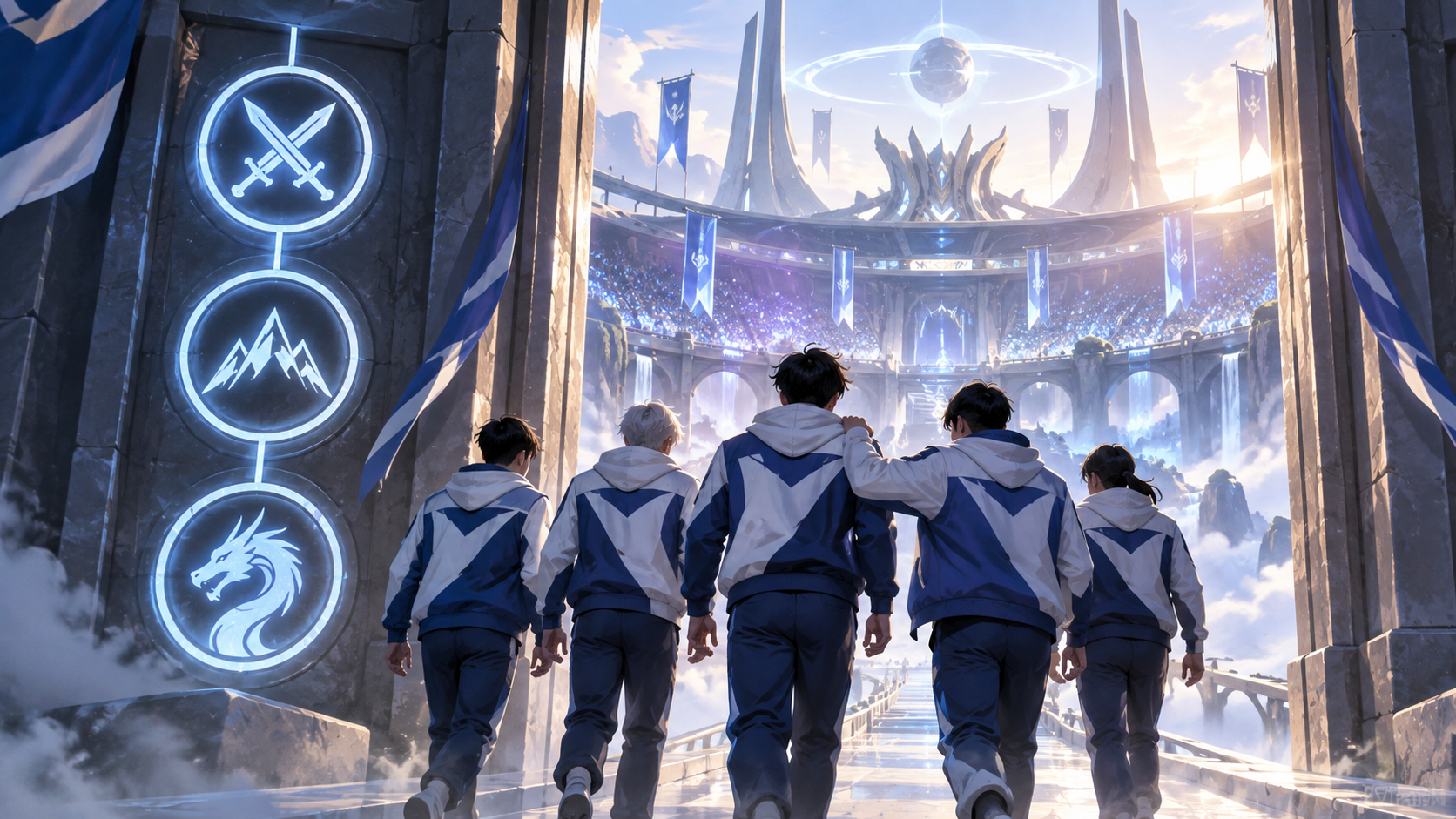 Conceptual illustration of a blue-white team crossing a Worlds qualification gate