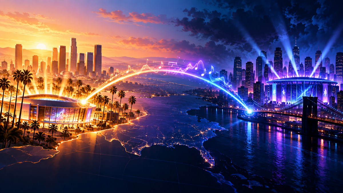 Ilustración conceptual del recorrido de un himno de esports desde Los Ángeles hasta una final en Brooklyn