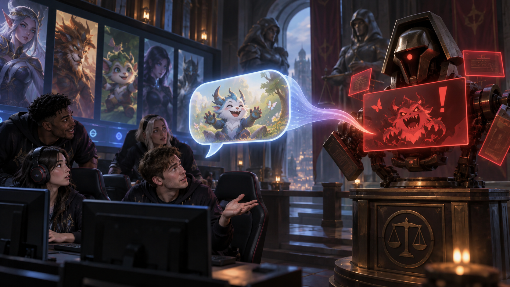 Conceptual illustration of a champion select chat phrase being misunderstood by moderation
