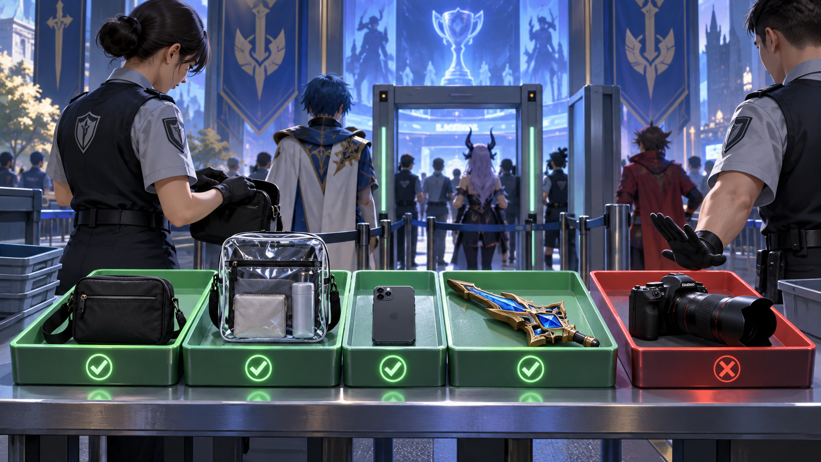 Conceptual illustration of permitted and prohibited items at a Worlds security gate