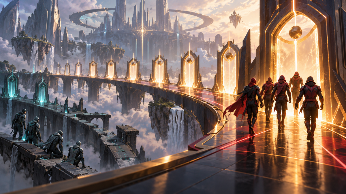 Conceptuele illustratie van een esports-team dat een ononderbroken structuurpad van tien fasen aflegt