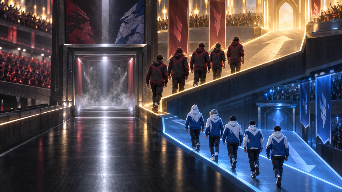 Konceptuel illustration af en kort, afgørende esports-kamp, der skaber modsatrettede Swiss-records